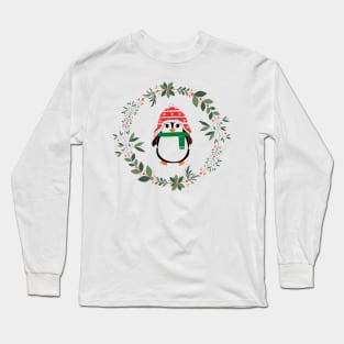 Holiday Penguin and Wreath Long Sleeve T-Shirt